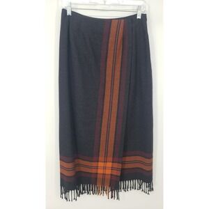 Vintage 90s Wool Plaid Fringe Blanket Wrap Midi Skirt Grey Orange Sz 8P 8 Petite